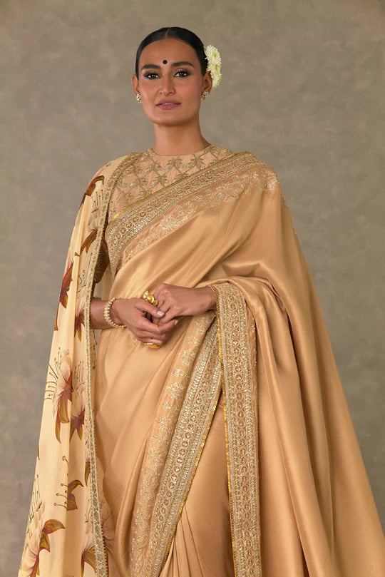 Beige Madakal-Chidiya Saree With Dupatta
