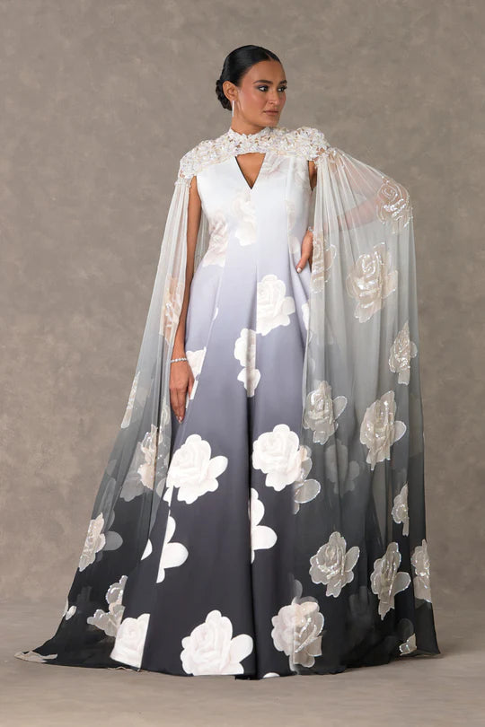 Monochrome Gulaab Gown Set With Cape