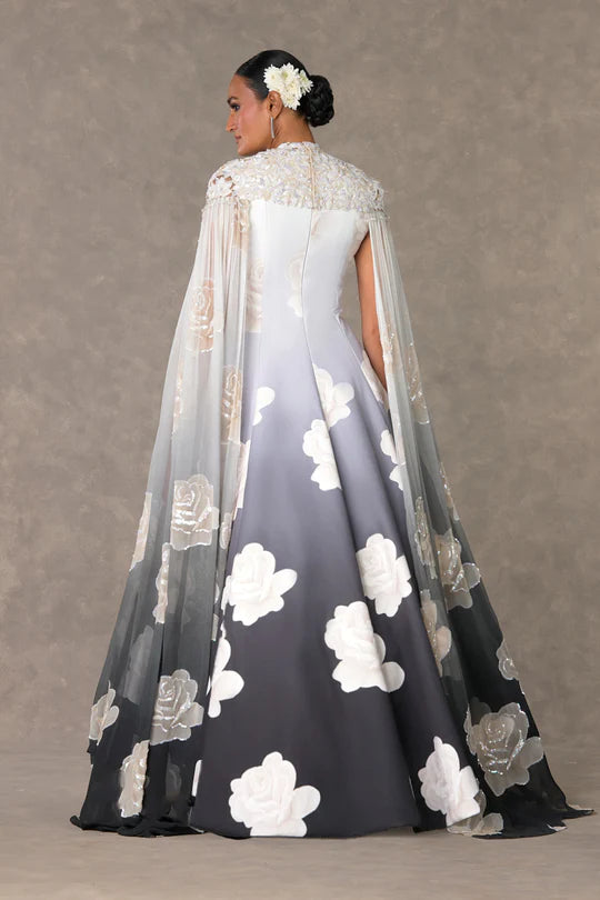 Monochrome Gulaab Gown Set With Cape