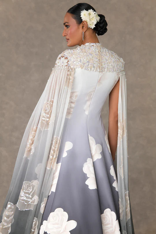 Monochrome Gulaab Gown Set With Cape
