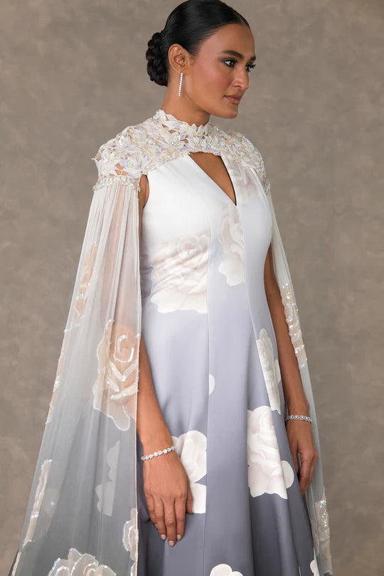 Monochrome Gulaab Gown Set With Cape