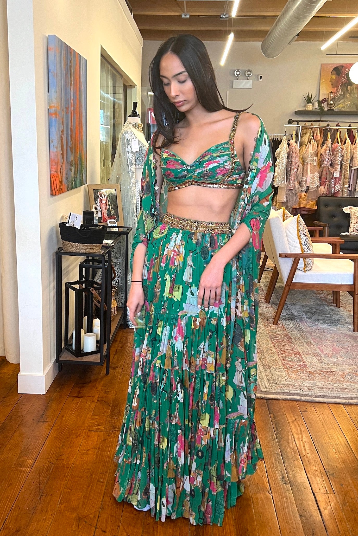 Green Printed Cape Skirt Set