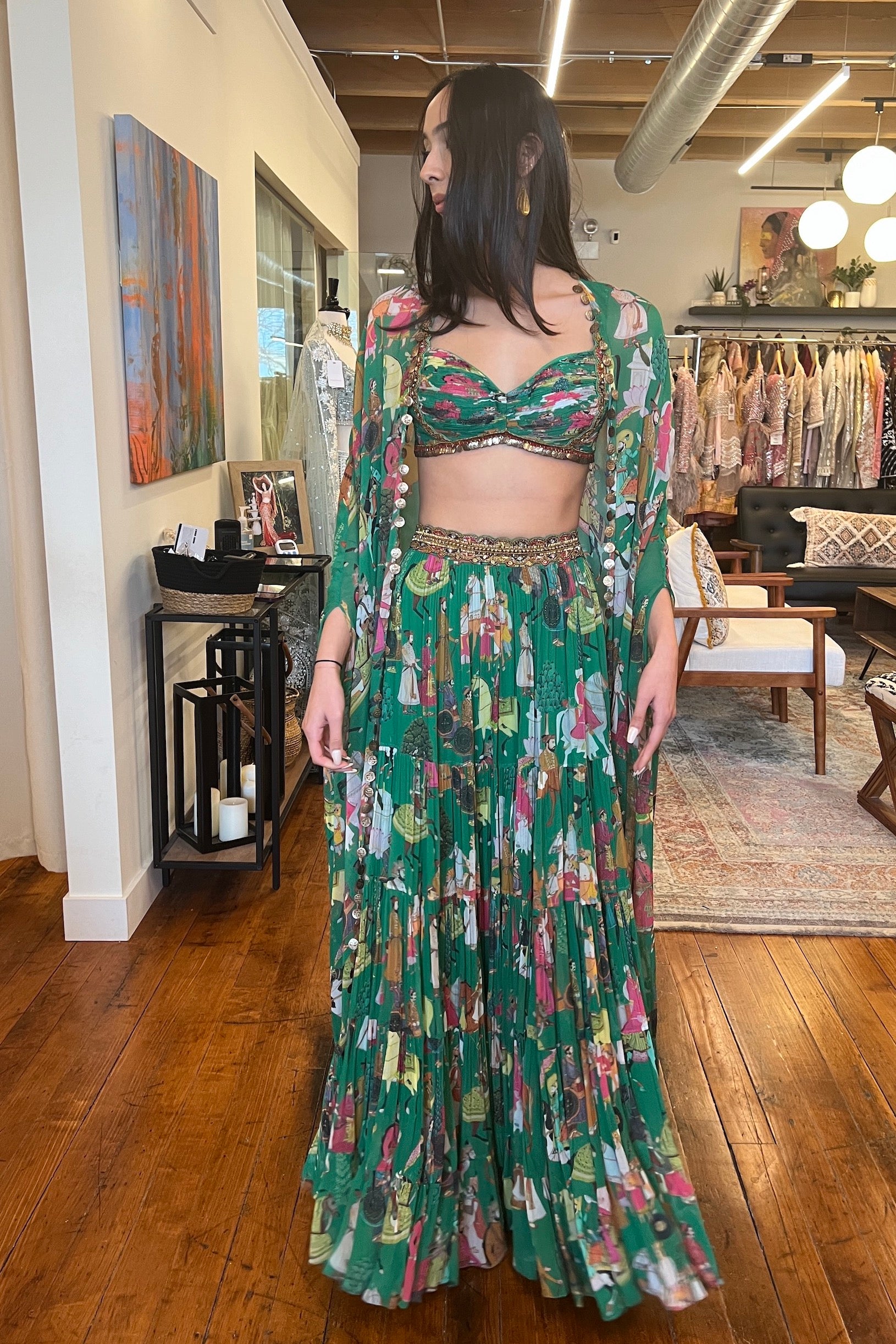 Green Printed Cape Skirt Set