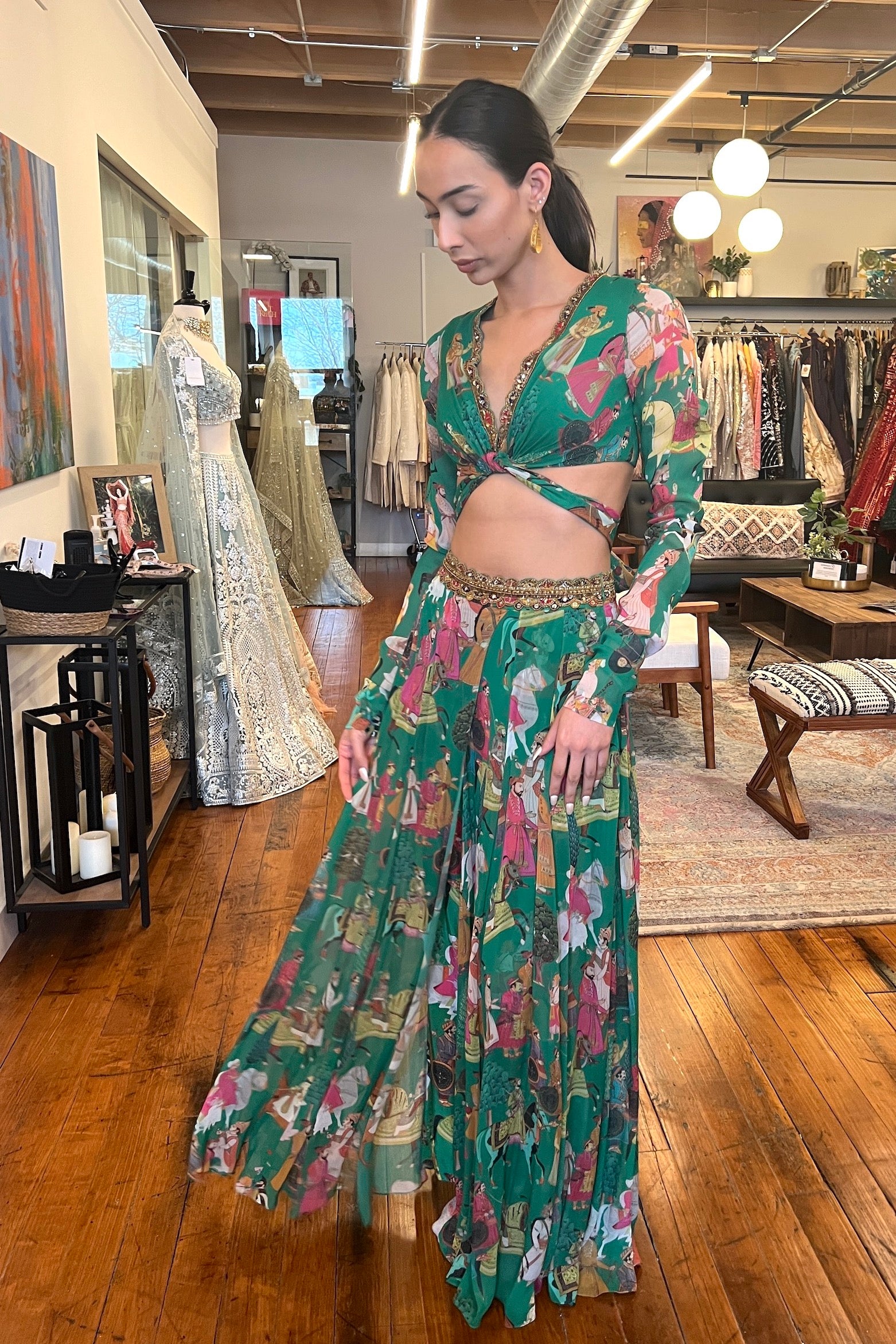 Green Printed Pant-Skirt Hybrid Set