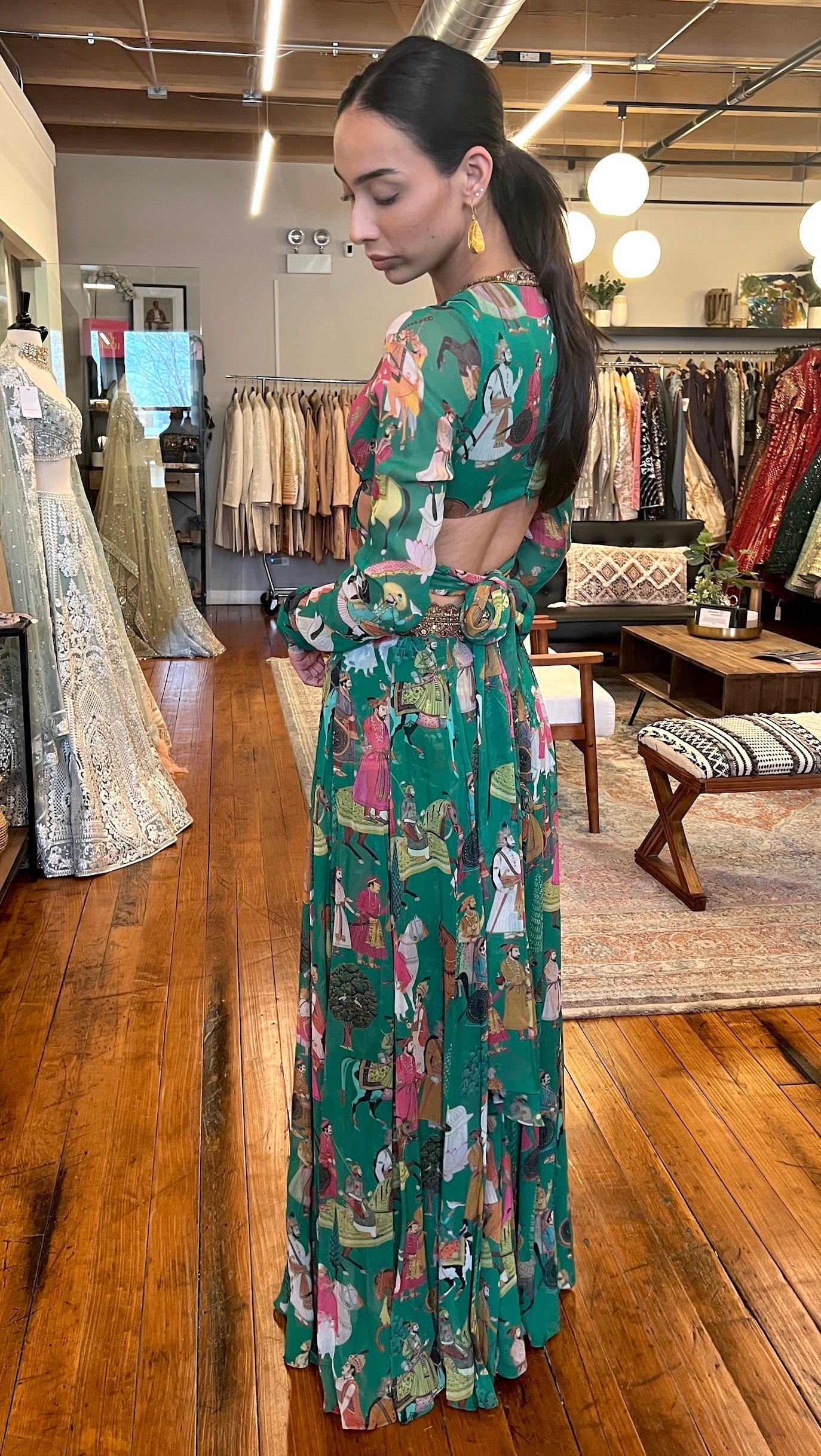 Green Printed Pant-Skirt Hybrid Set