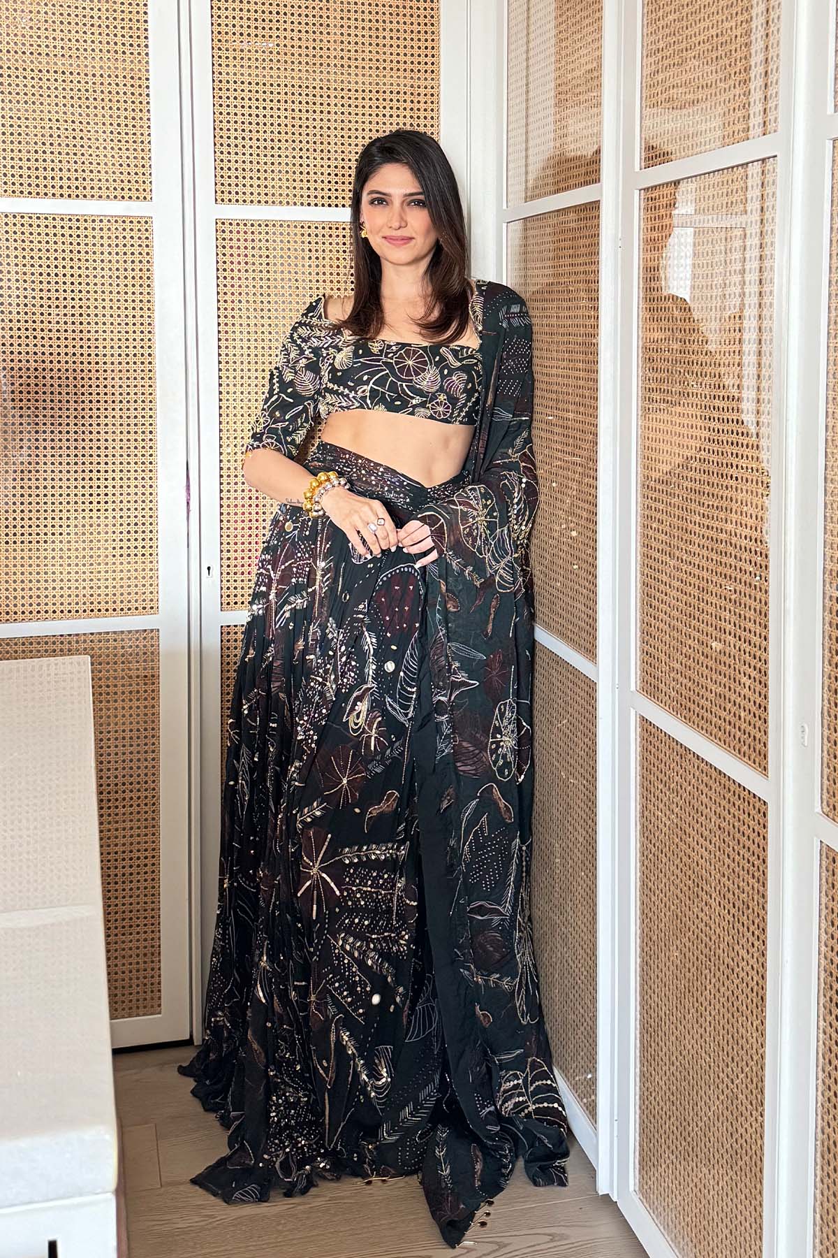 Richa Begani in Dark Green Print and Highlighted Lehenga Set