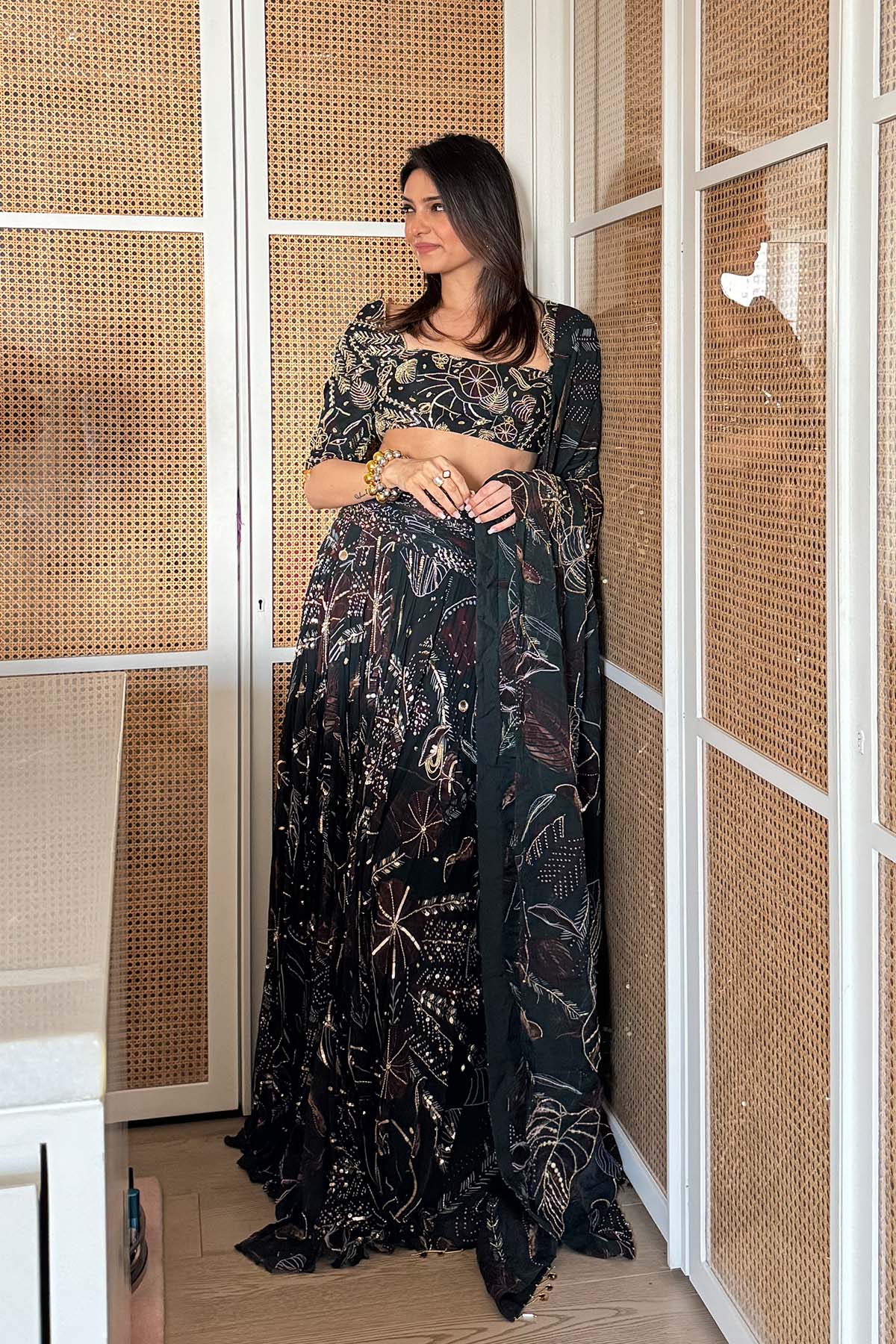 Richa Begani in Dark Green Print and Highlighted Lehenga Set