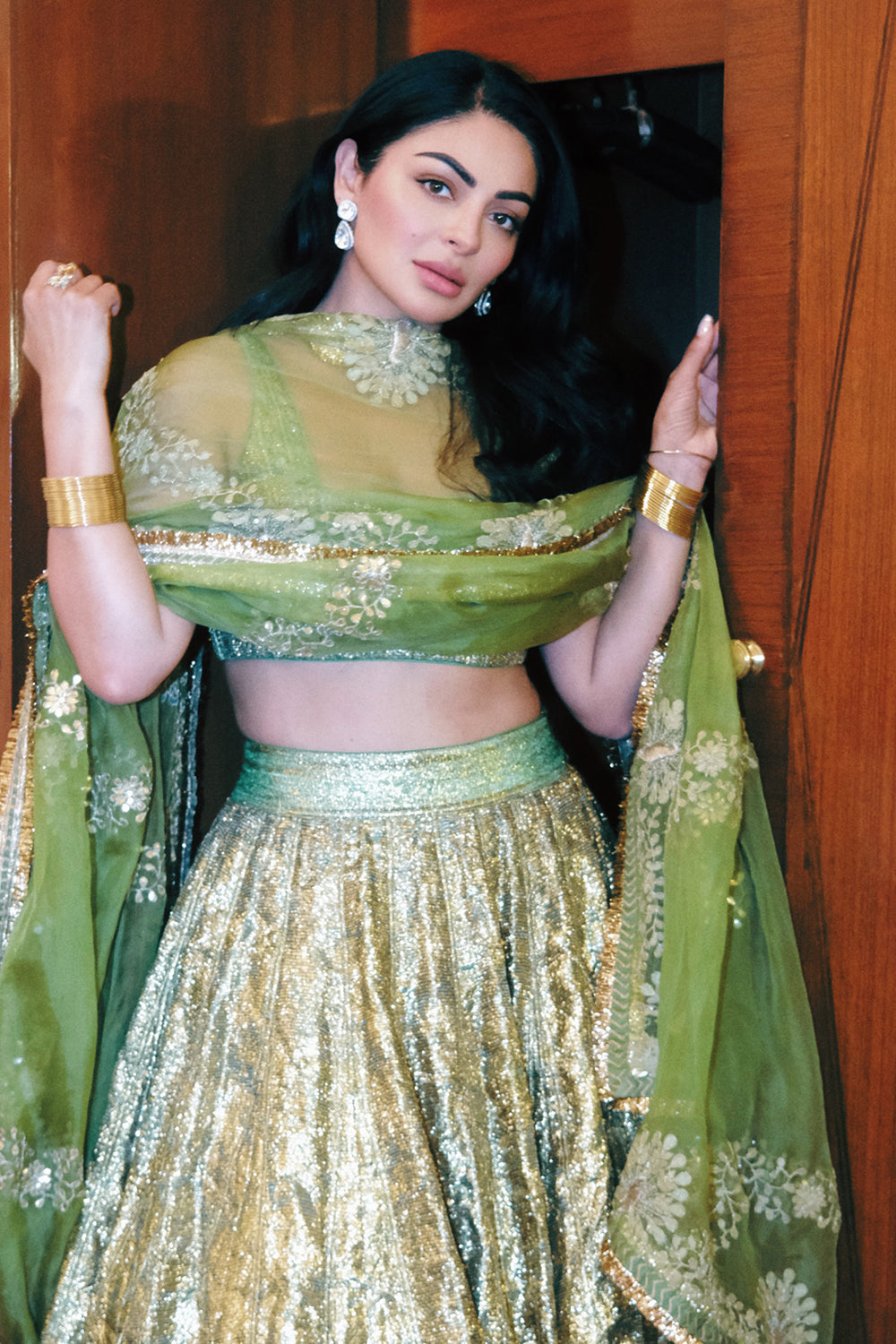 Neeru Bajwa in Reshmi Angoori Lehenga Set