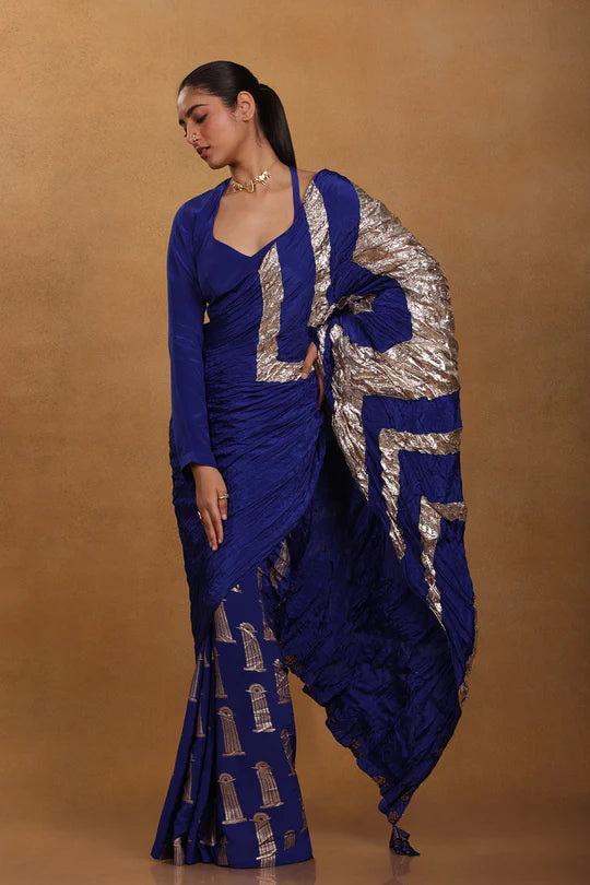 Blue Crinkle Gota Sari