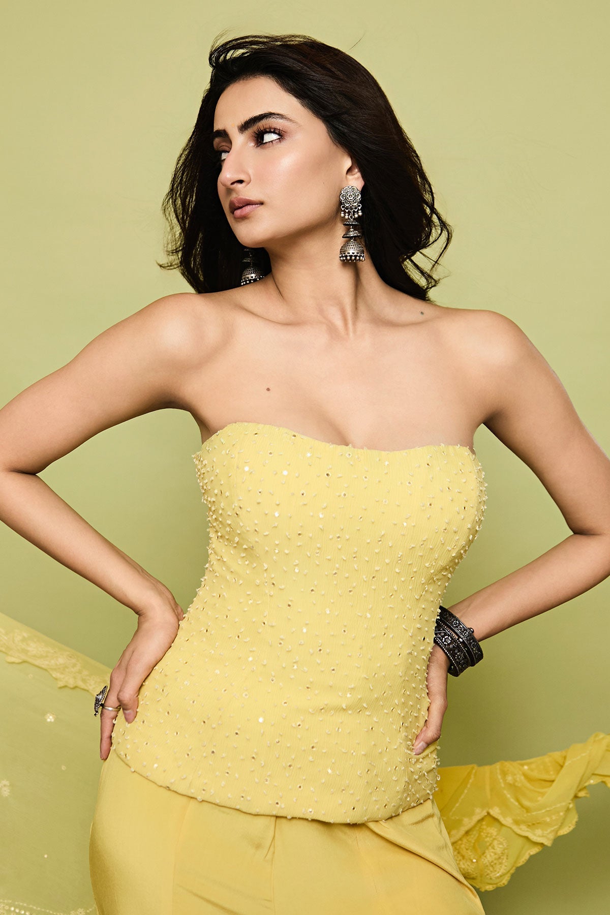 Palak Tiwari in Jaune Corset Cape Chikankari Set