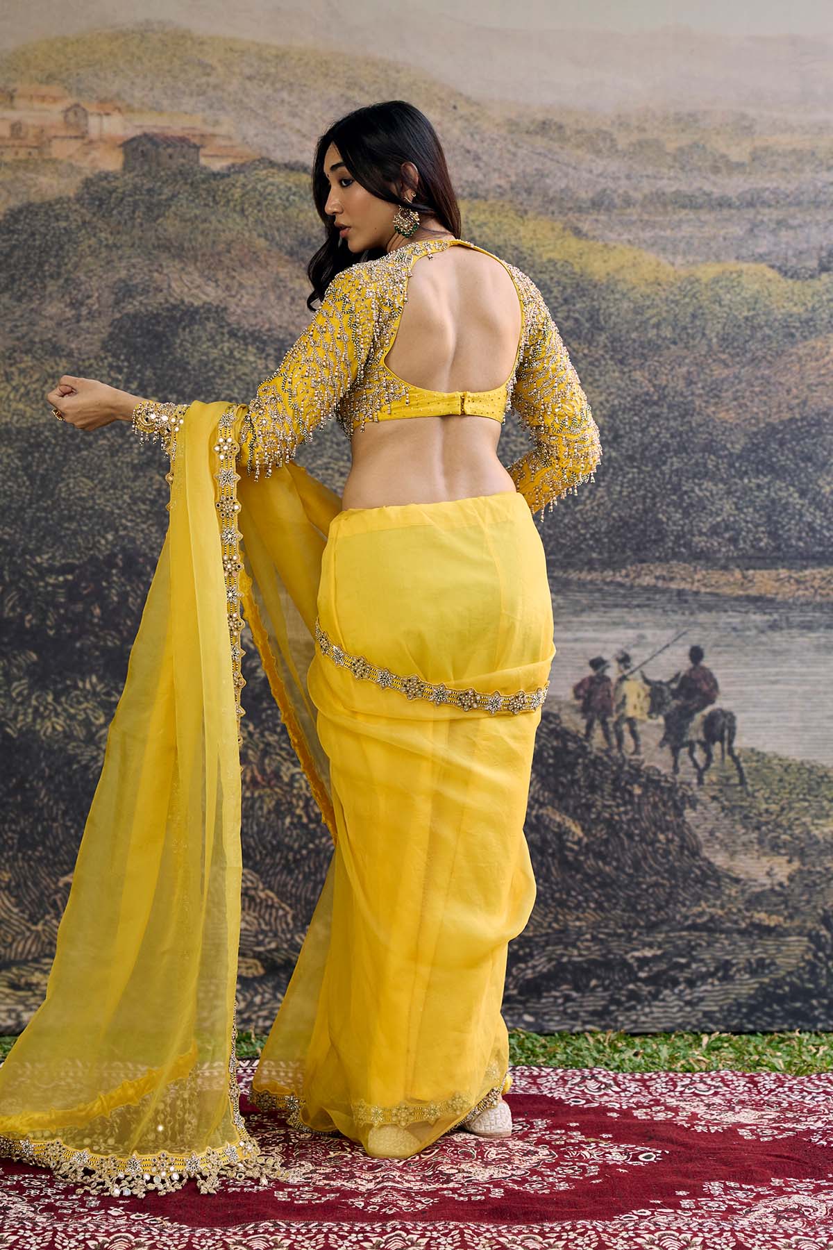 Peela Tara Organza Saree Set