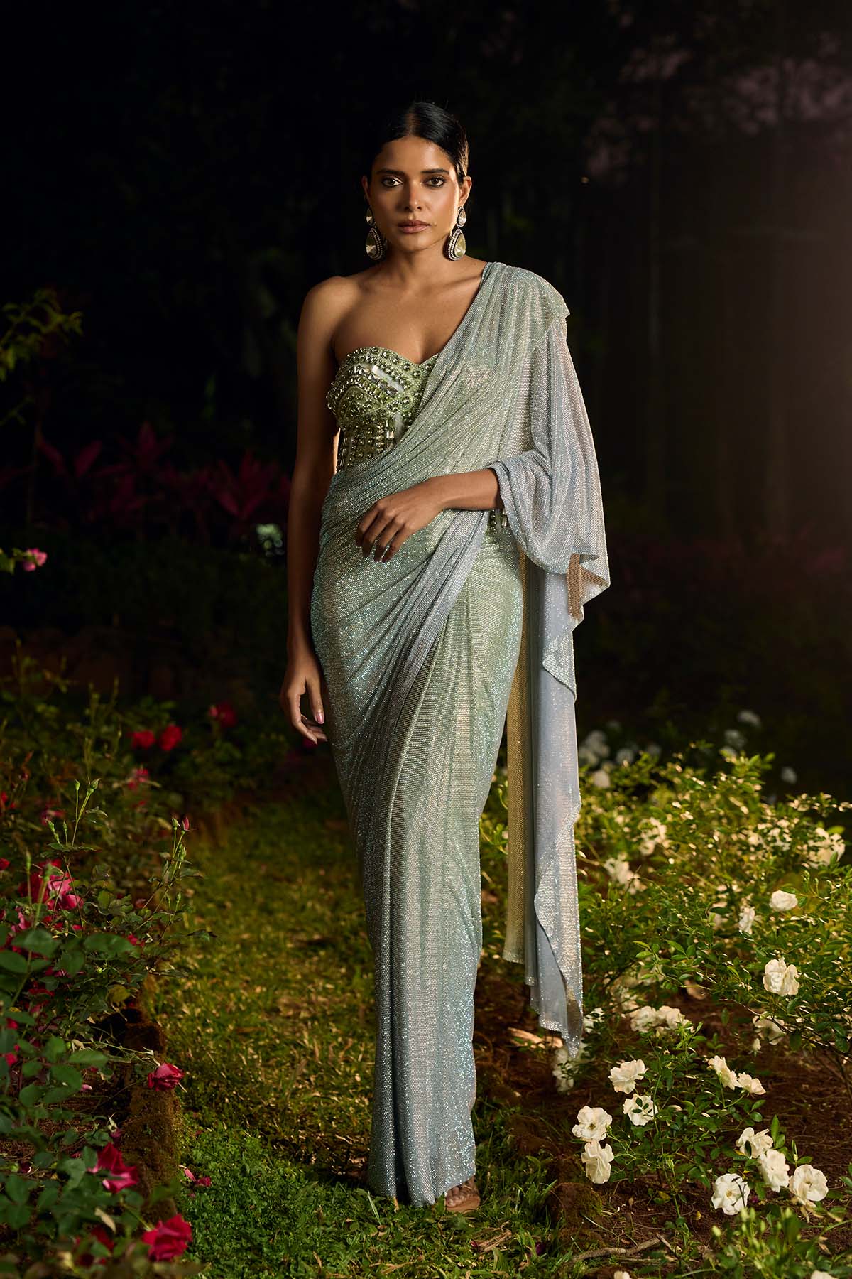 Pista Noor Crystal Saree Set