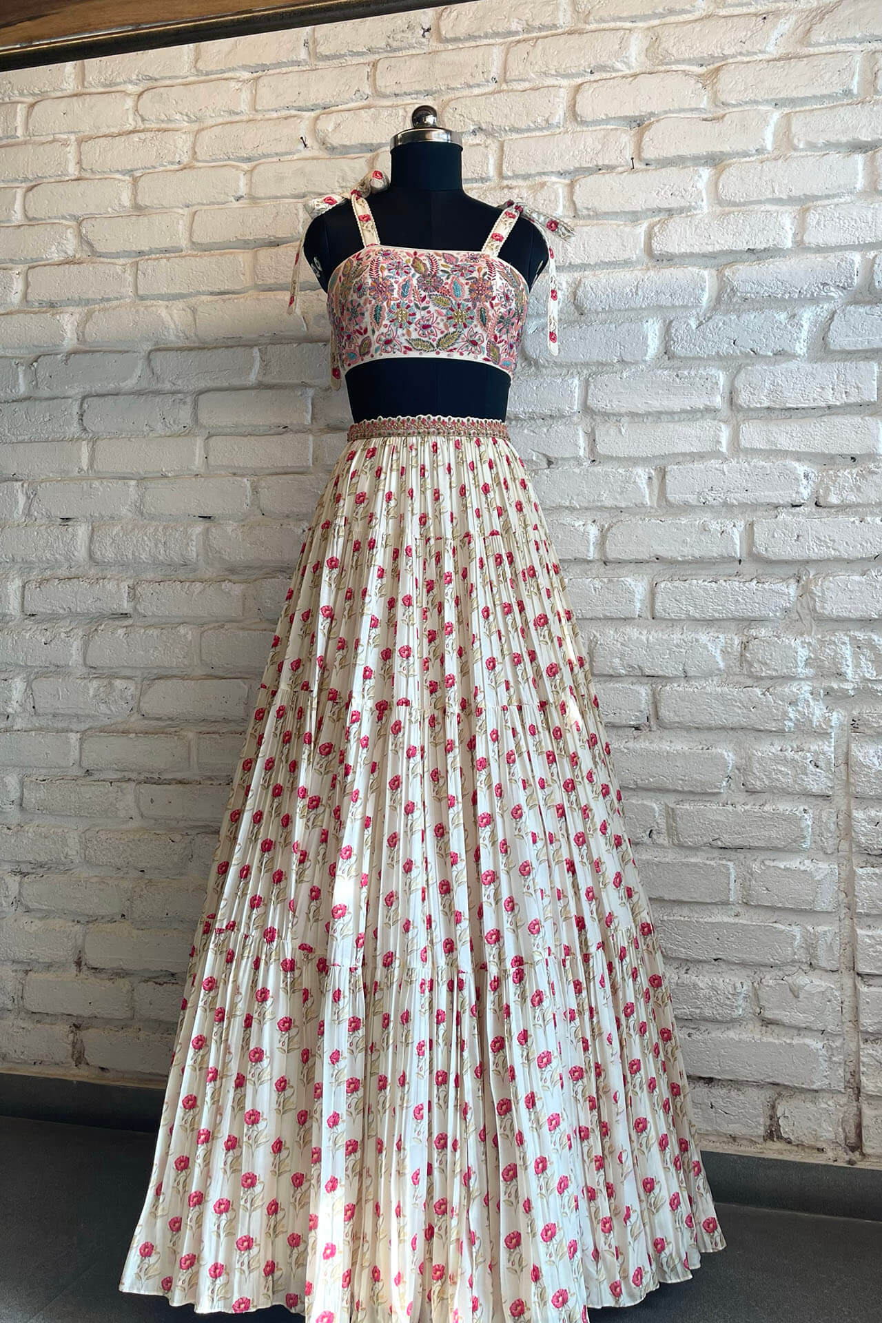 White & Pink Bow-tye Lehenga