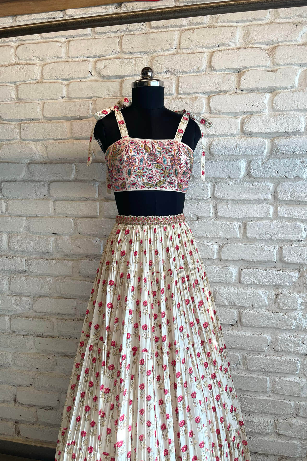 White & Pink Bow-tye Lehenga