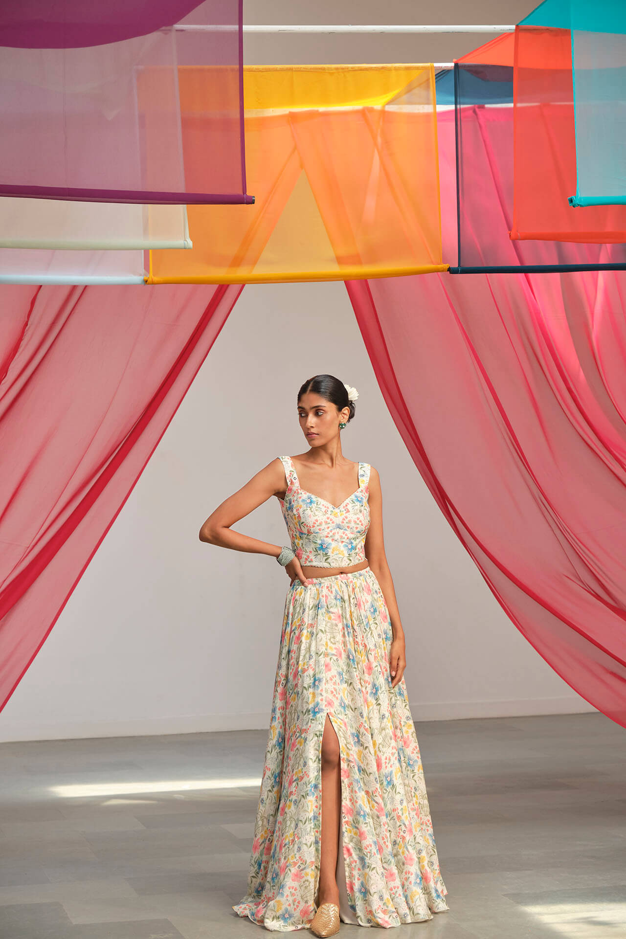 Tropical white lehenga