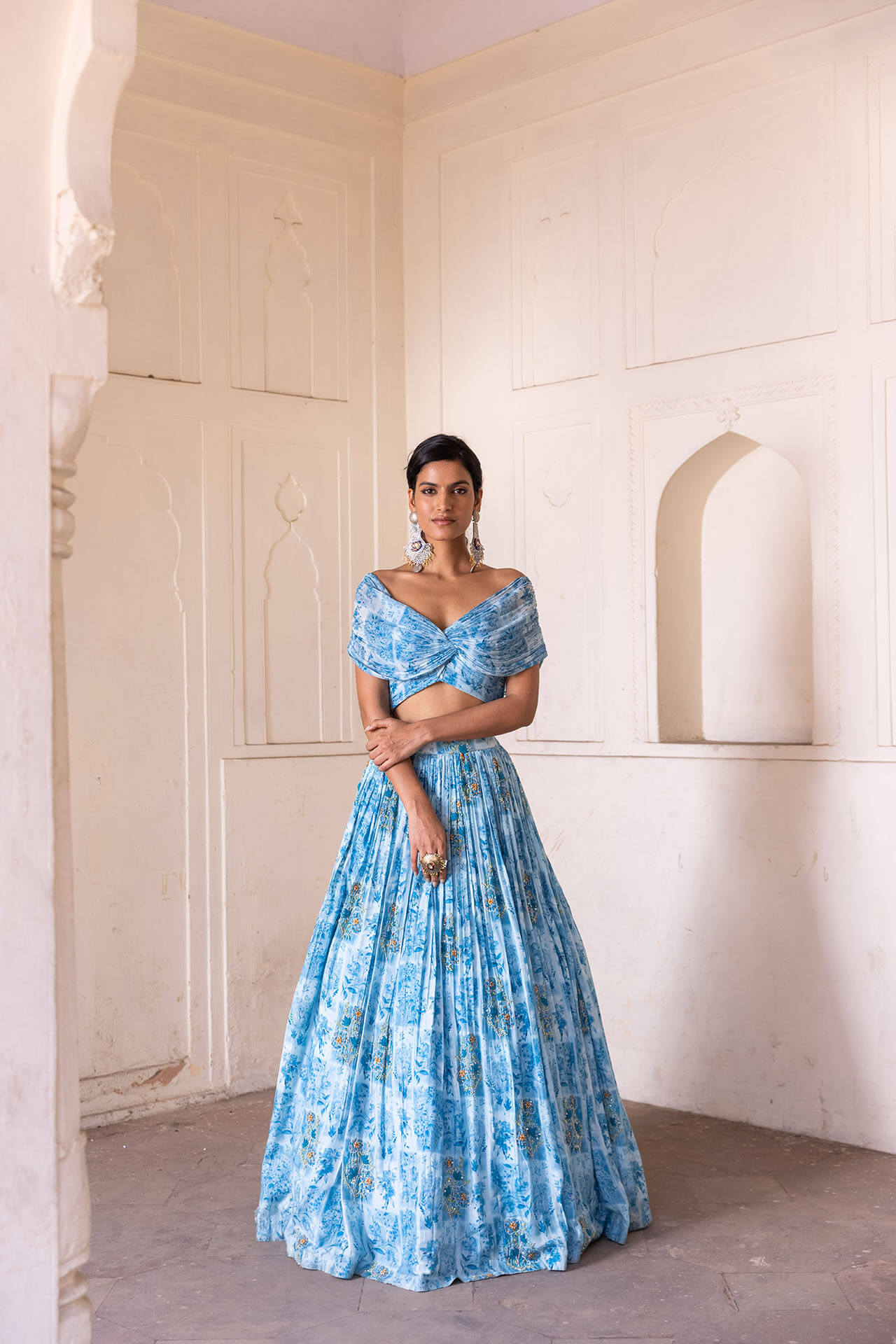 Blue Off Shoulder Lehenga Set