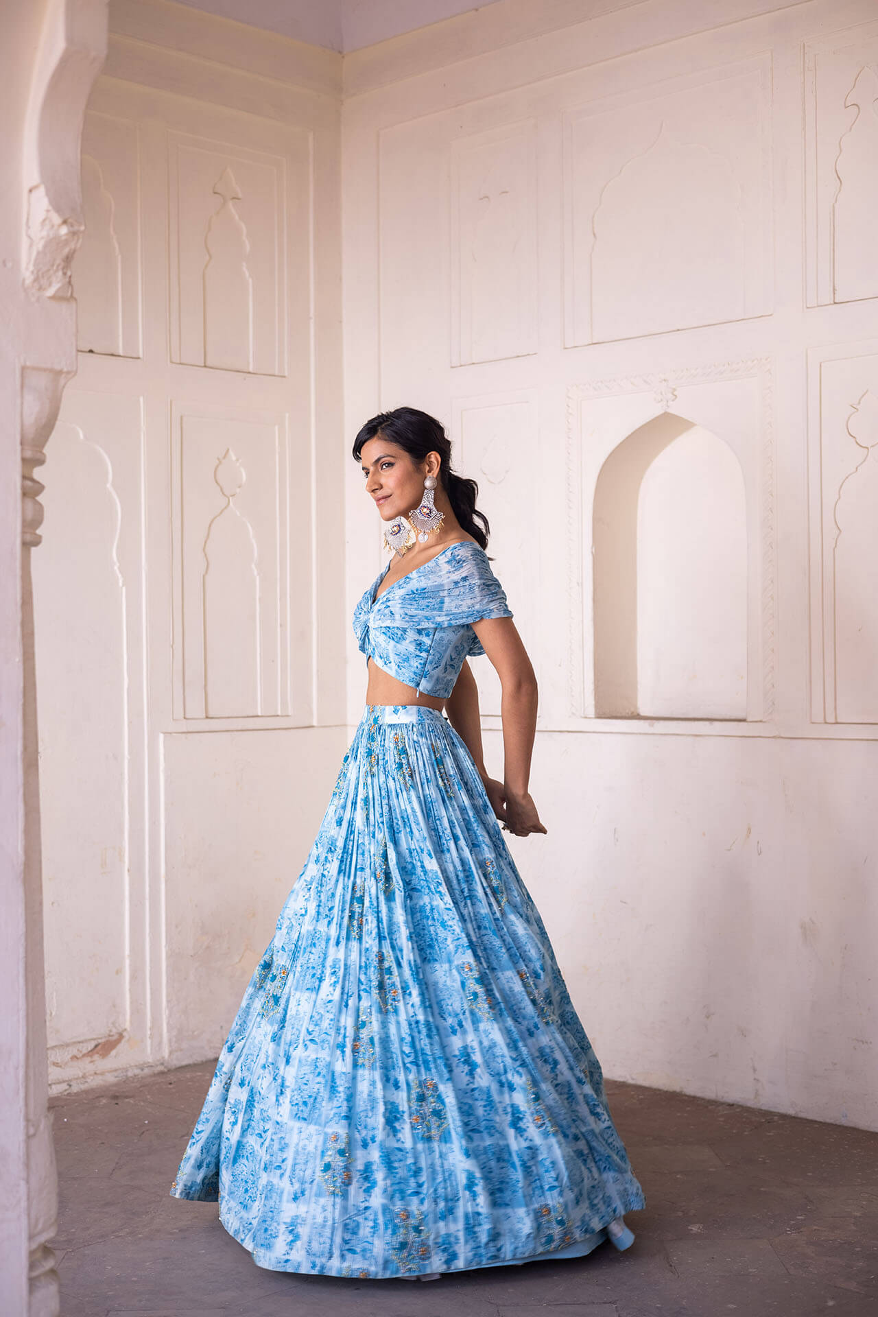 Blue Off Shoulder Lehenga Set