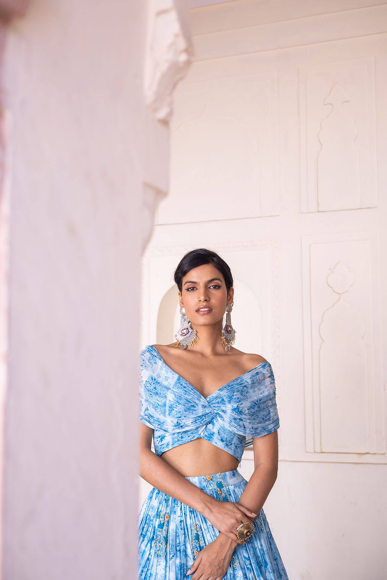 Blue Off Shoulder Lehenga Set