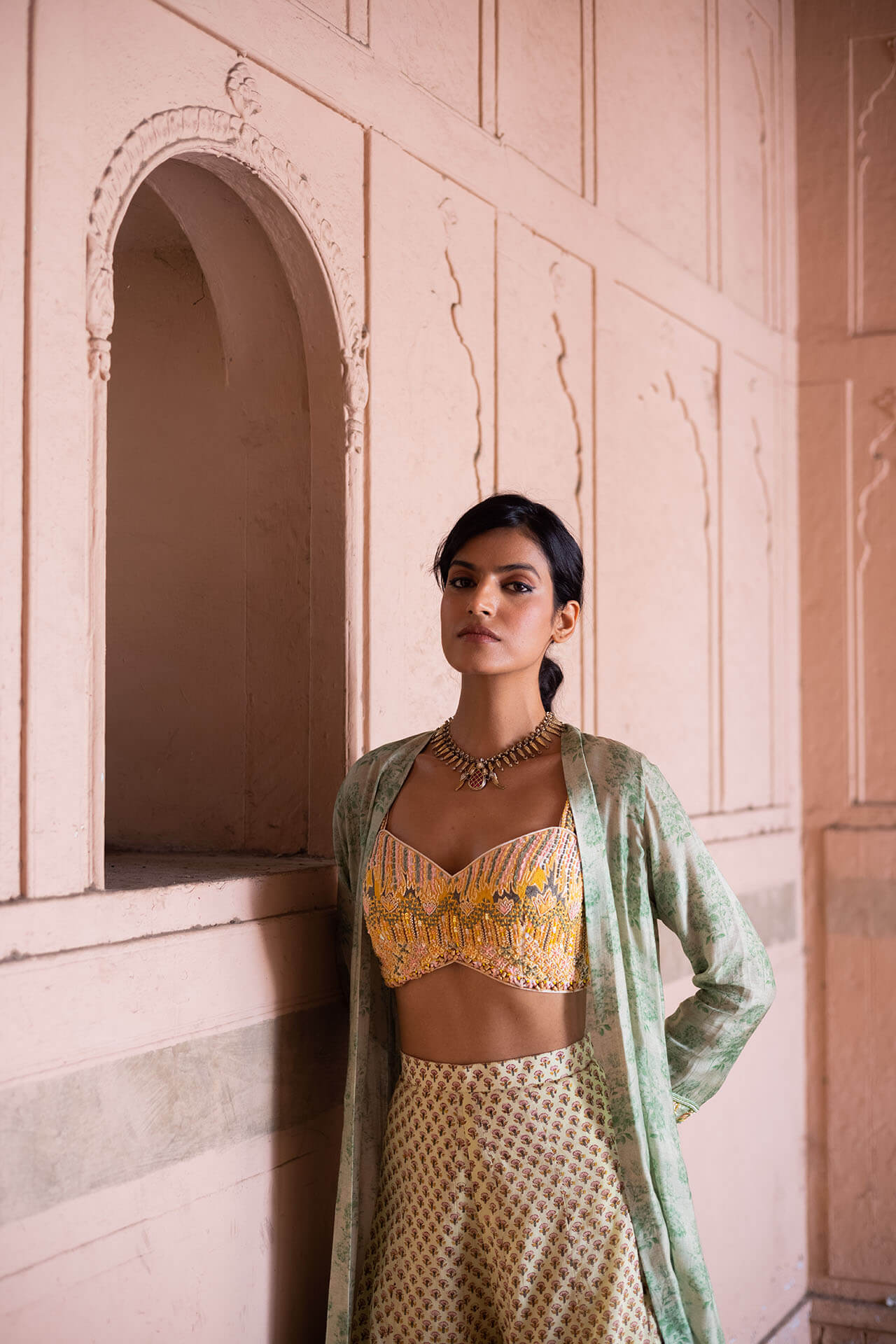 Green Block Printed Cape Set