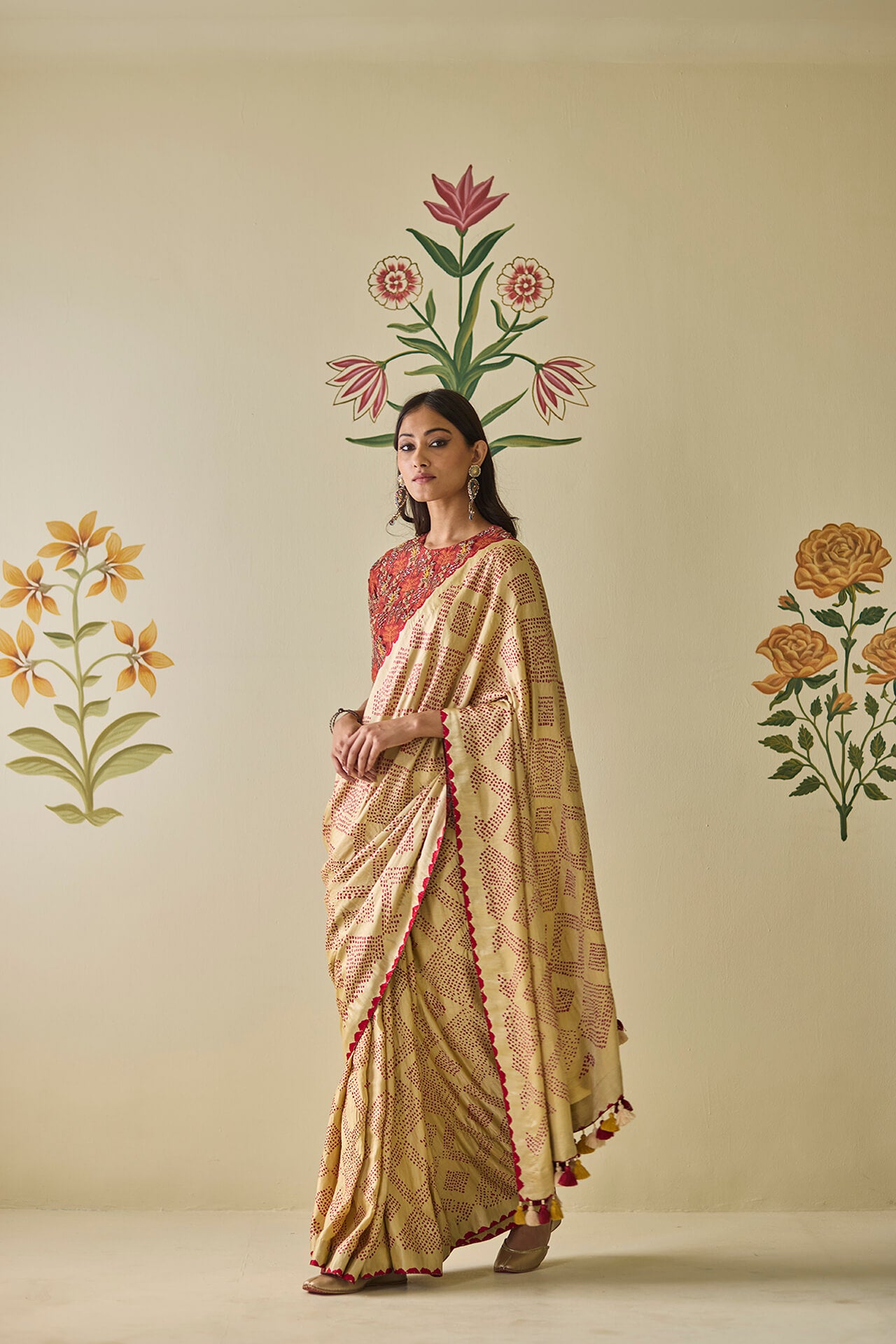 Cream & Red Bandhani Saree