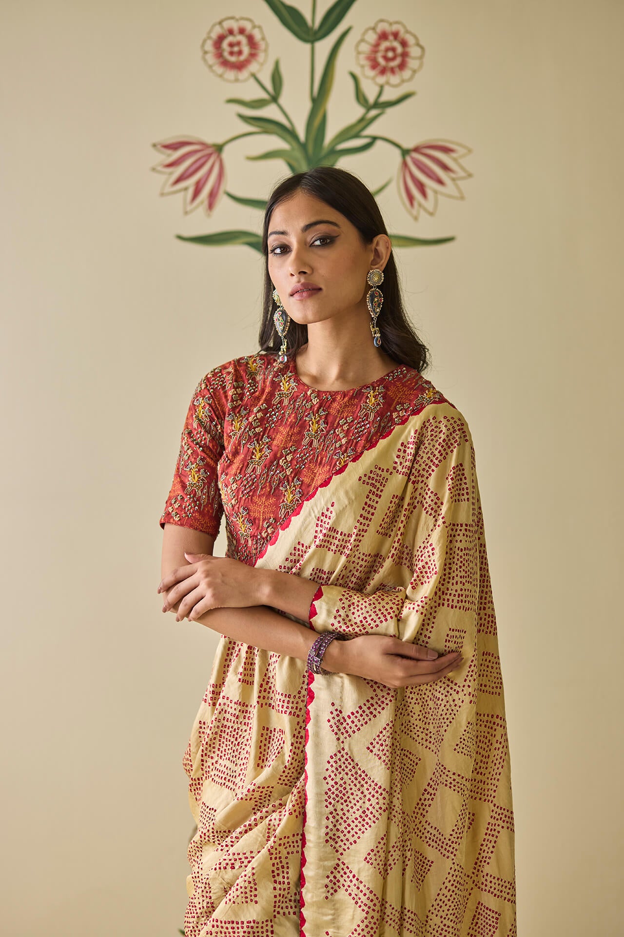 Cream & Red Bandhani Saree