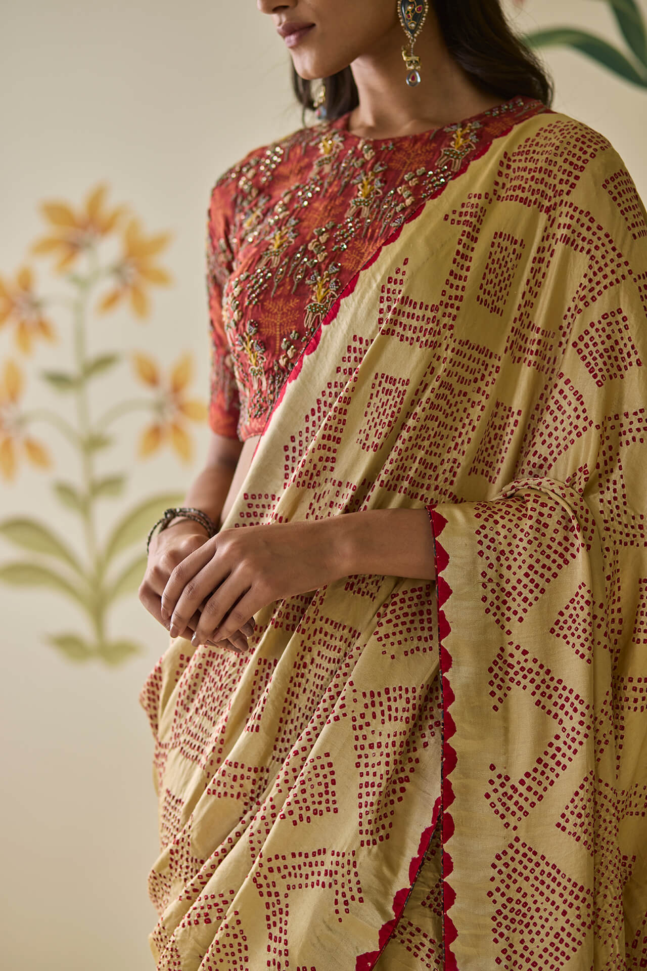 Cream & Red Bandhani Saree