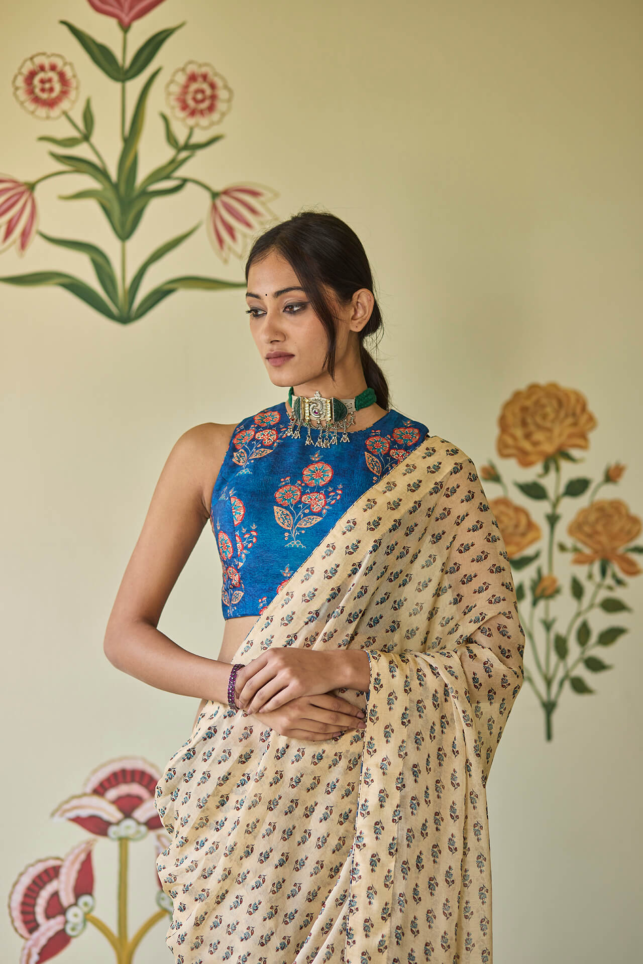 Beige & Blue Saree