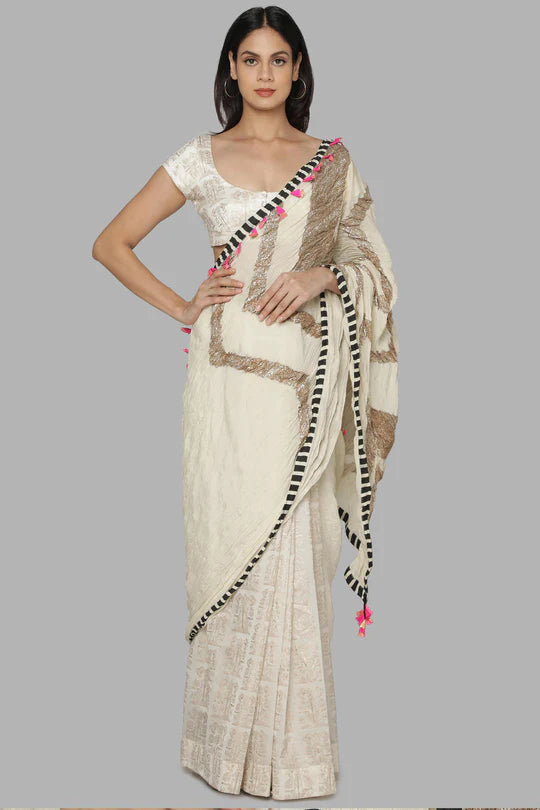 Ivory Bunch Of Birds Crinkle Gota Sari