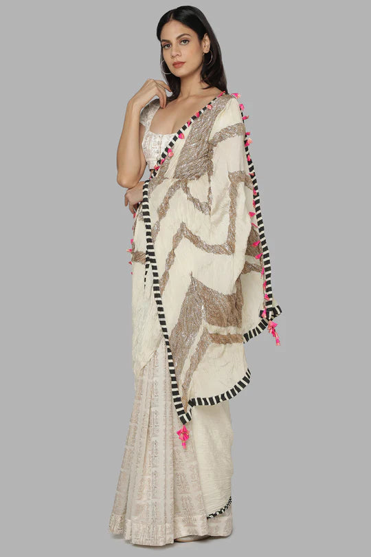 Ivory Bunch Of Birds Crinkle Gota Sari