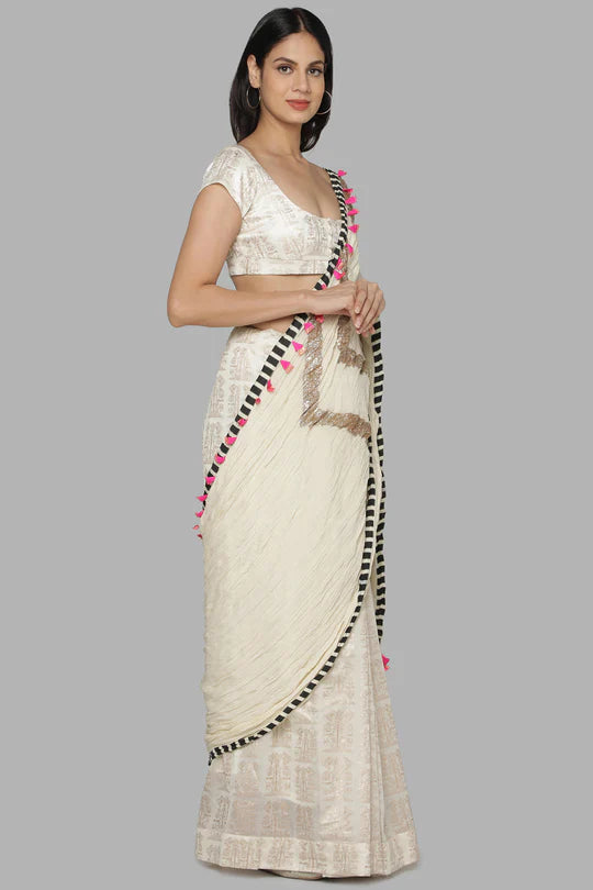 Ivory Bunch Of Birds Crinkle Gota Sari