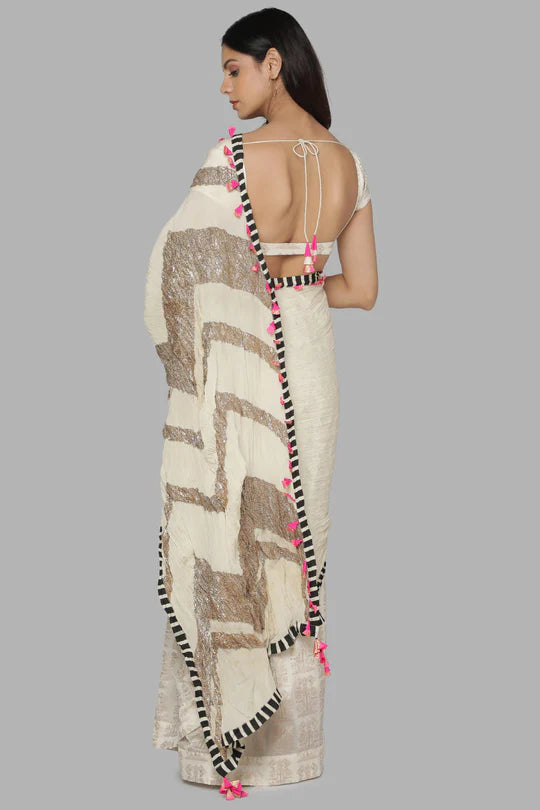 Ivory Bunch Of Birds Crinkle Gota Sari