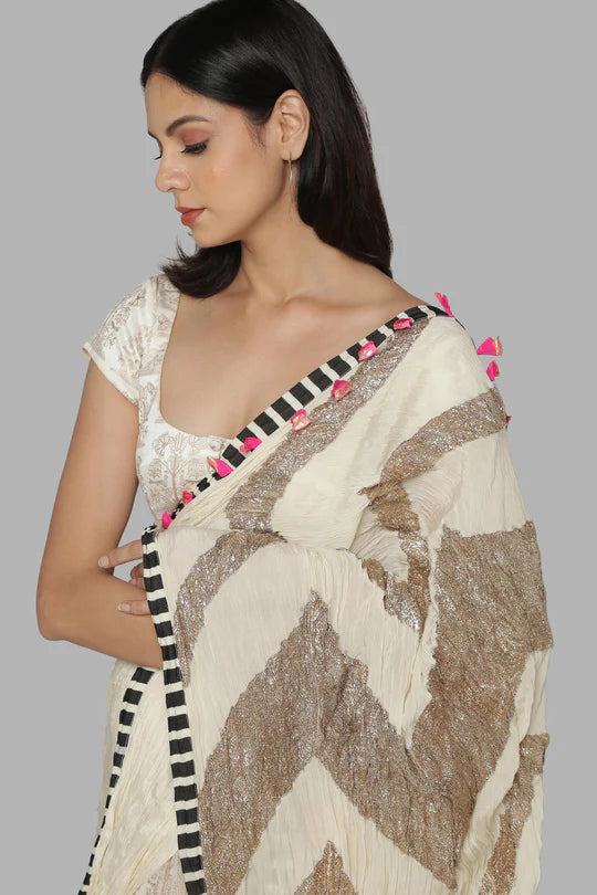 Ivory Bunch Of Birds Crinkle Gota Sari
