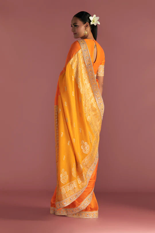 Orange Colour-Block Brocade Saree