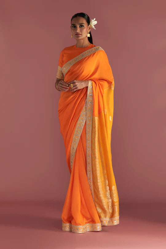 Orange Colour-Block Brocade Saree