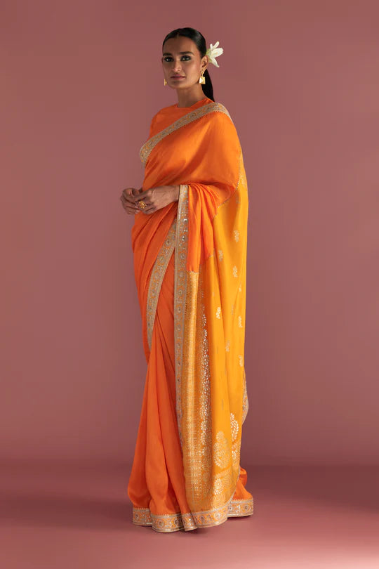 Orange Colour-Block Brocade Saree