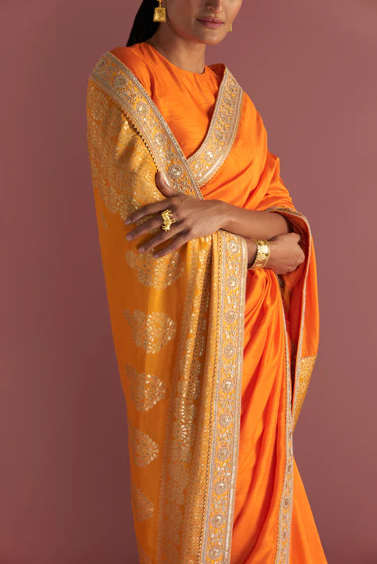 Orange Colour-Block Brocade Saree