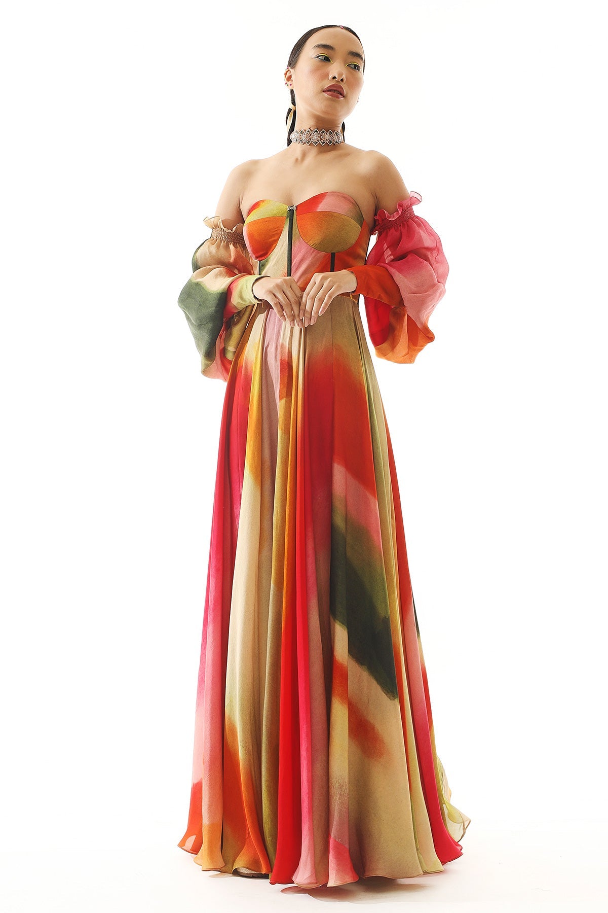 PRINTED OFF SHOULDER GOWN