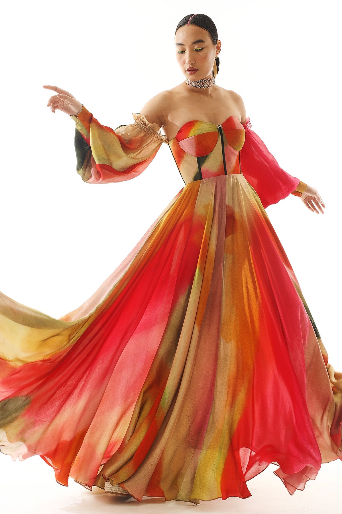 PRINTED OFF SHOULDER GOWN