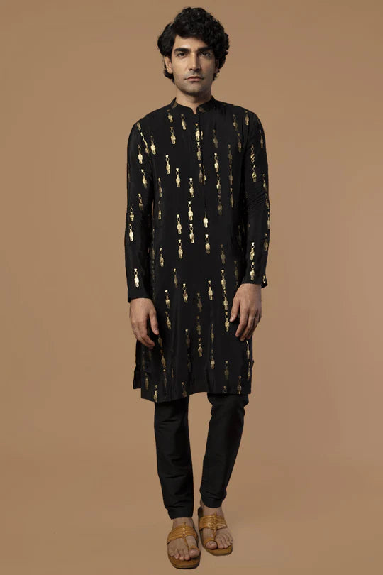Black Tribal Pillar Kurta With Pants
