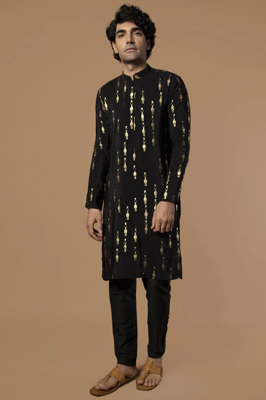 Black Tribal Pillar Kurta With Pants