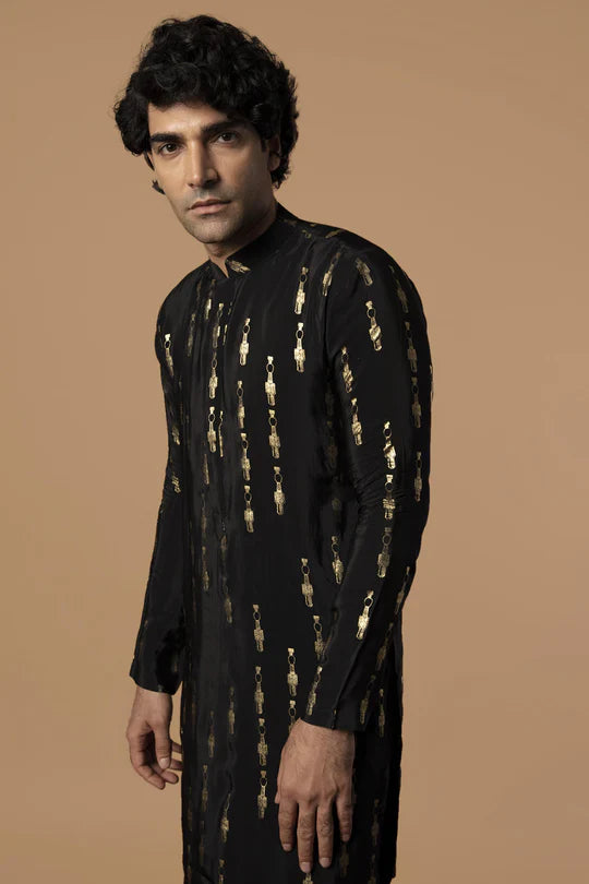 Black Tribal Pillar Kurta With Pants