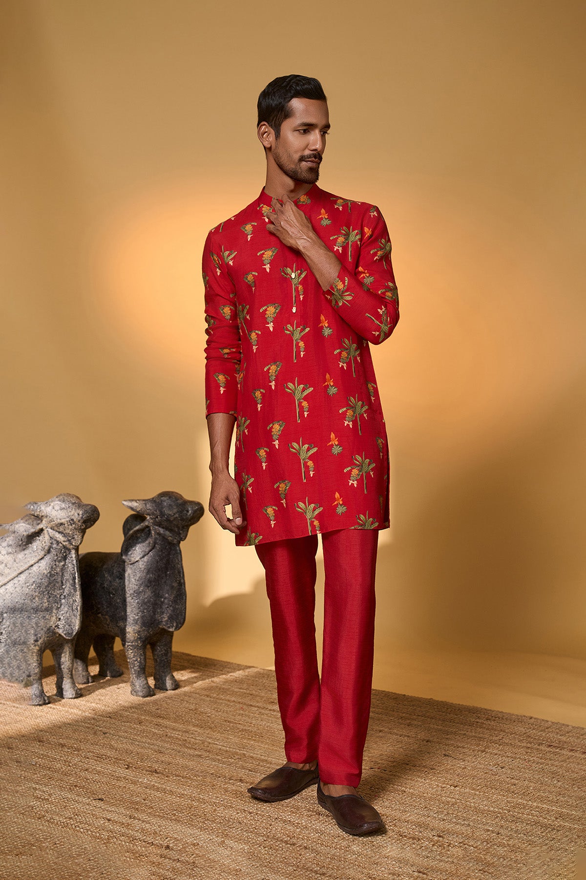 Red Tropical Kurta Set
