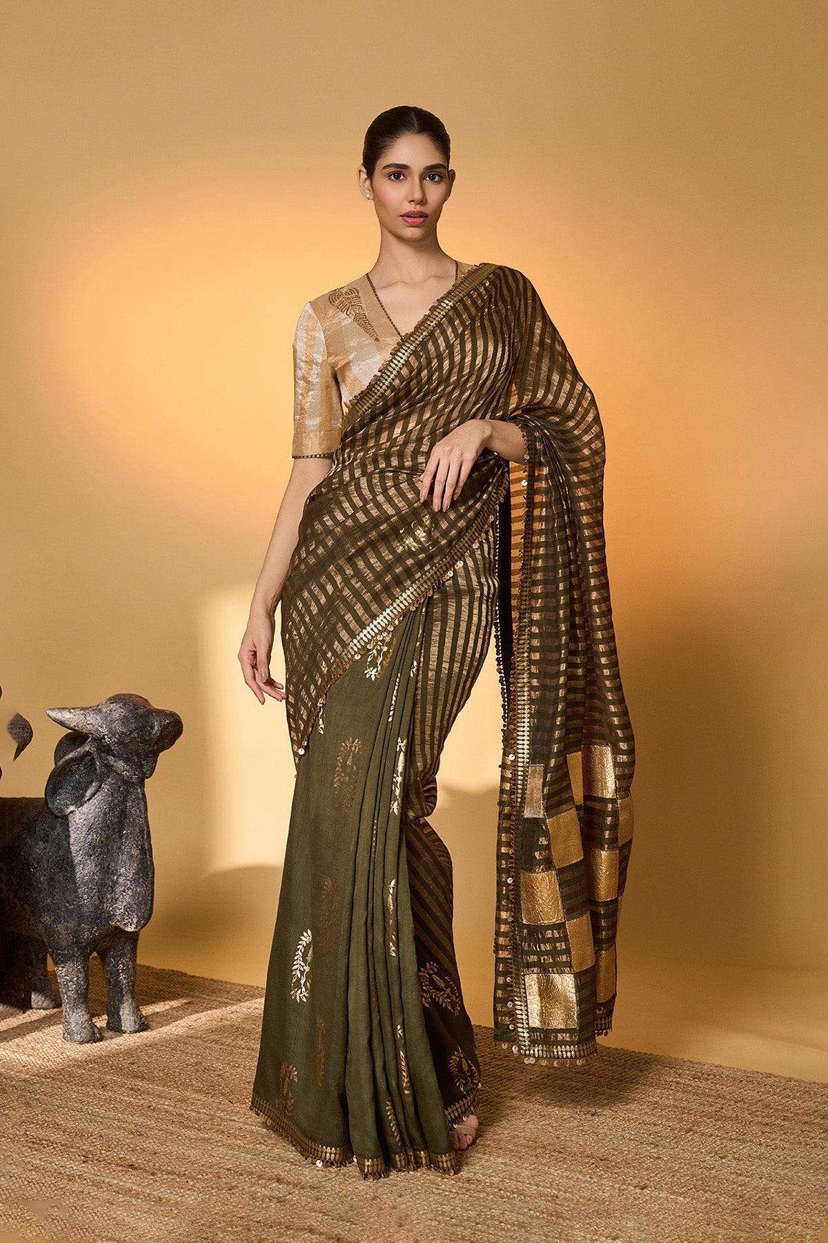 Olive Corncrest Gota Saree