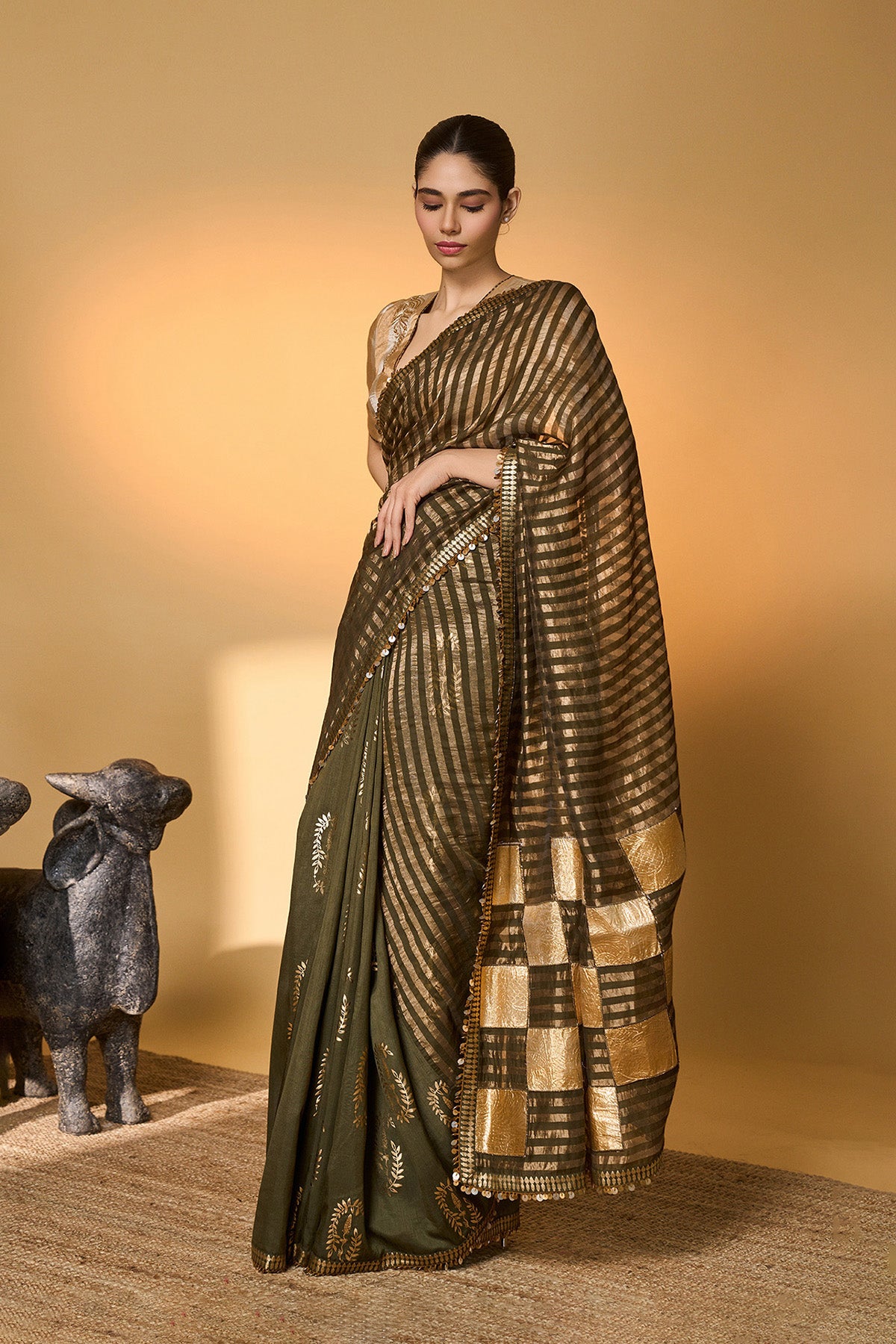 Olive Corncrest Gota Saree
