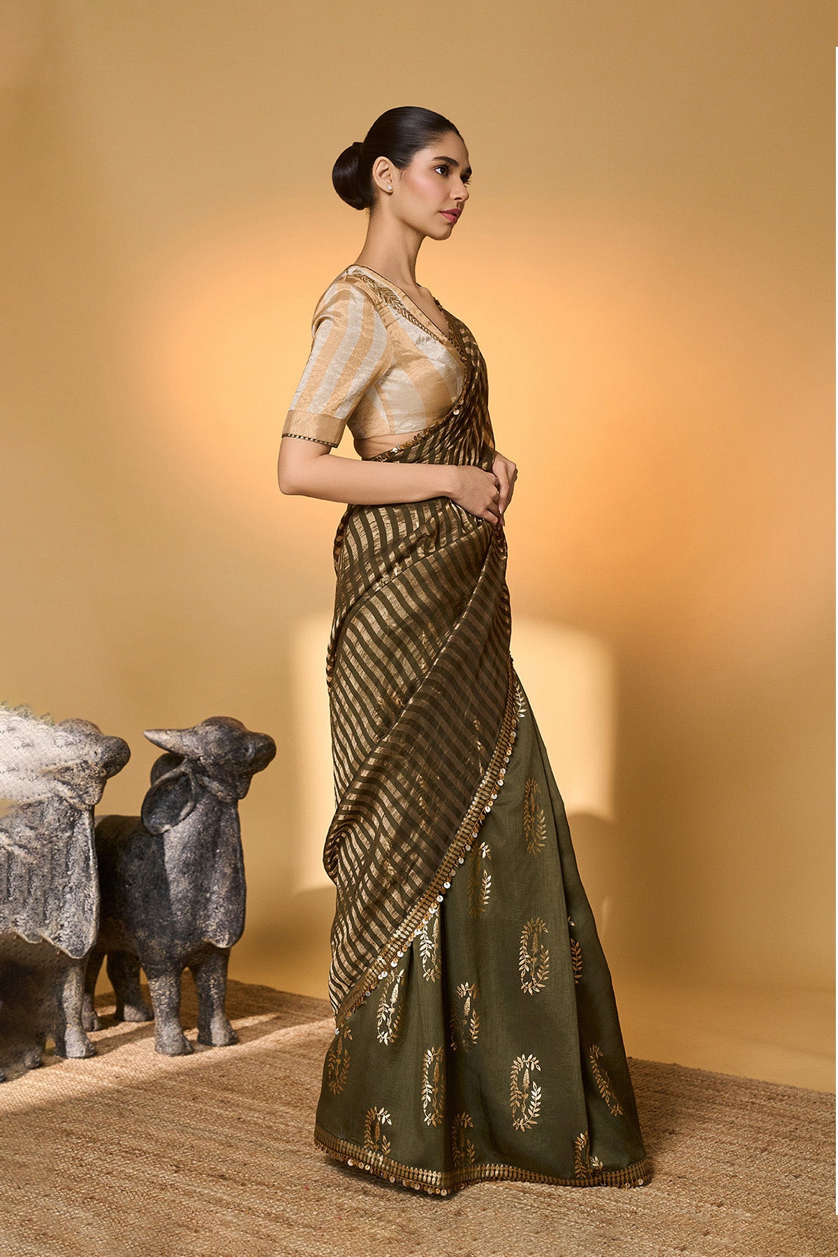 Olive Corncrest Gota Saree