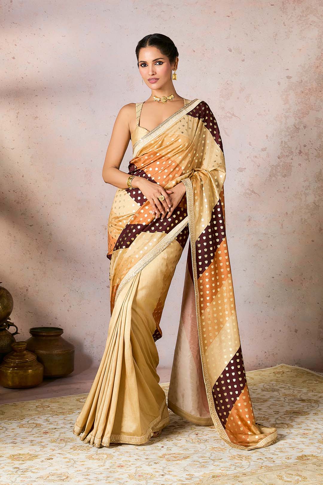 Beige Stripe Foil Saree
