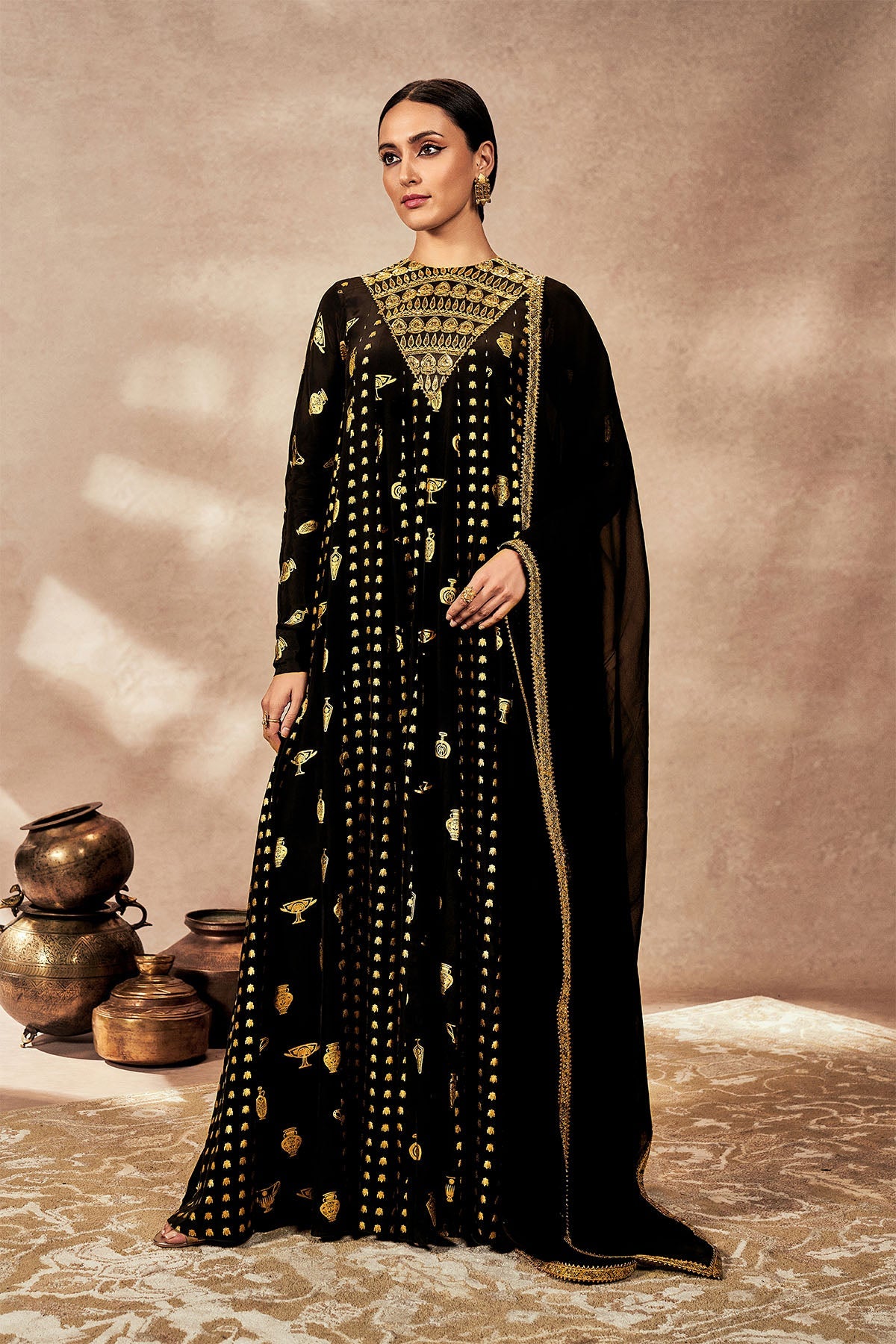 green emerald velvet dress Masaba Black Gold Potters Touch Anarkali Set 12 / Regular