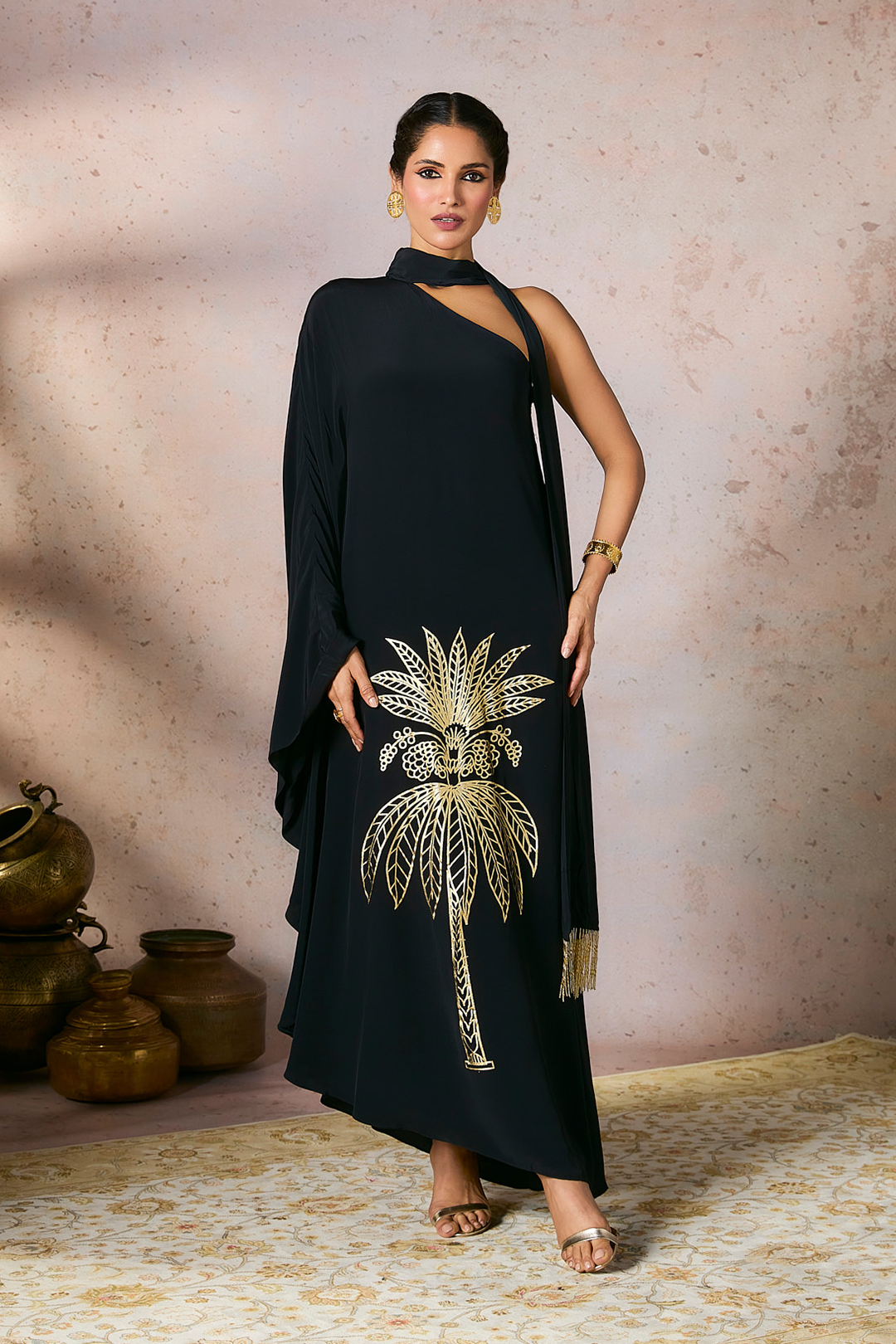 Black Tropical One Shoulder Kaftan 0 / Regular Black Tropical One Shoulder Kaftan 0 / Regular