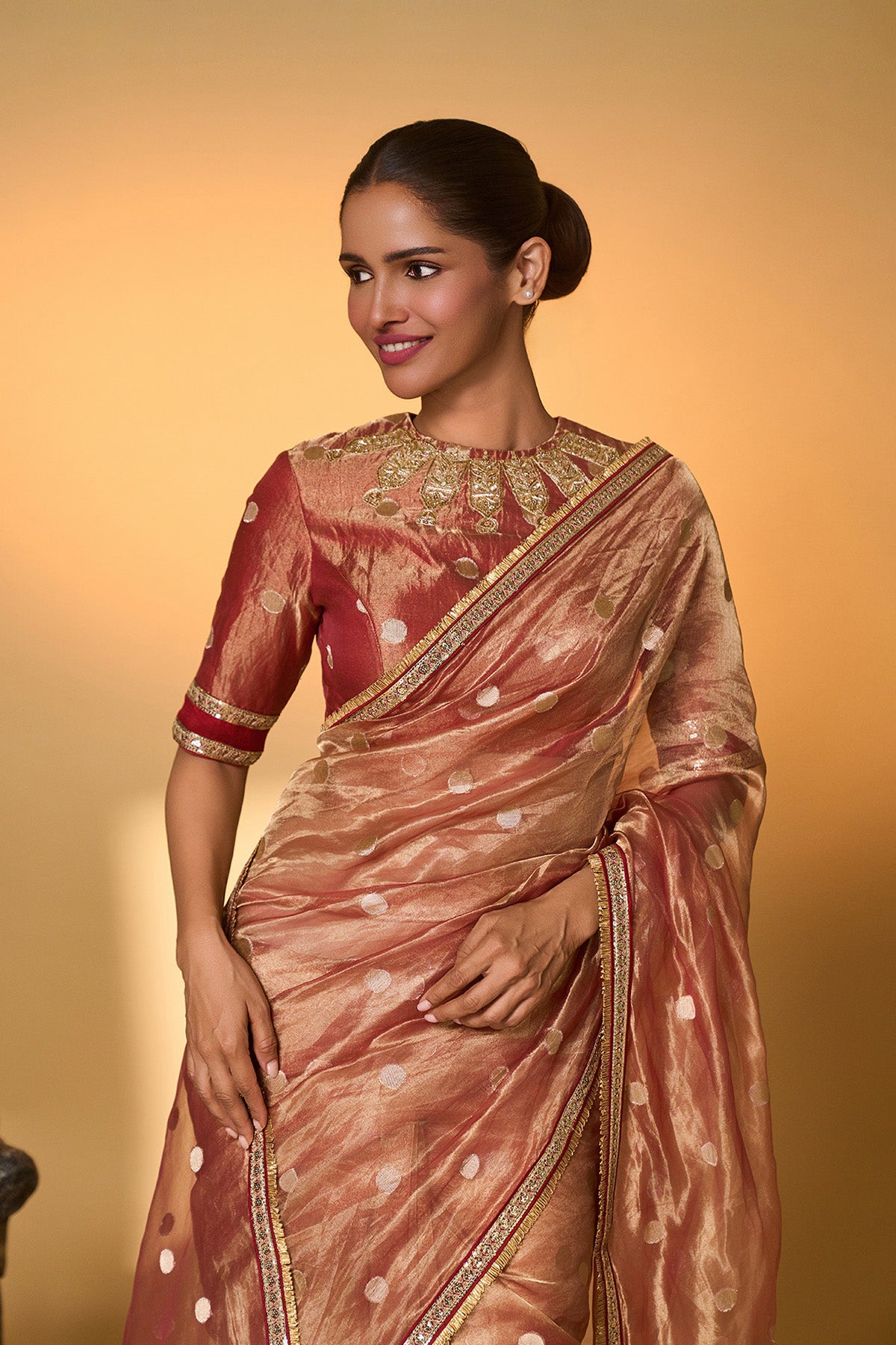 Red Polka Tissue Saree