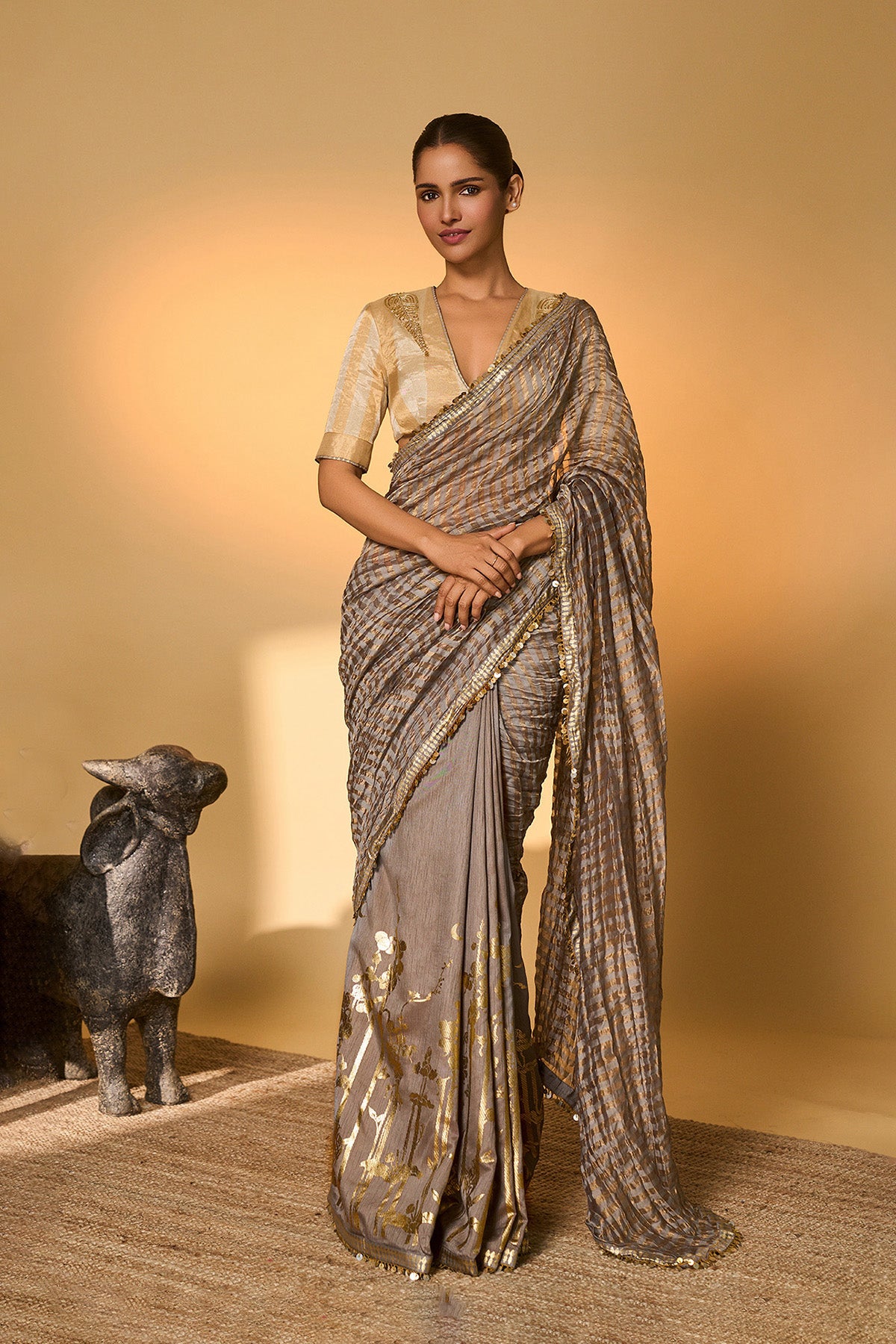 Grey Moonfield Zari Stripes Saree